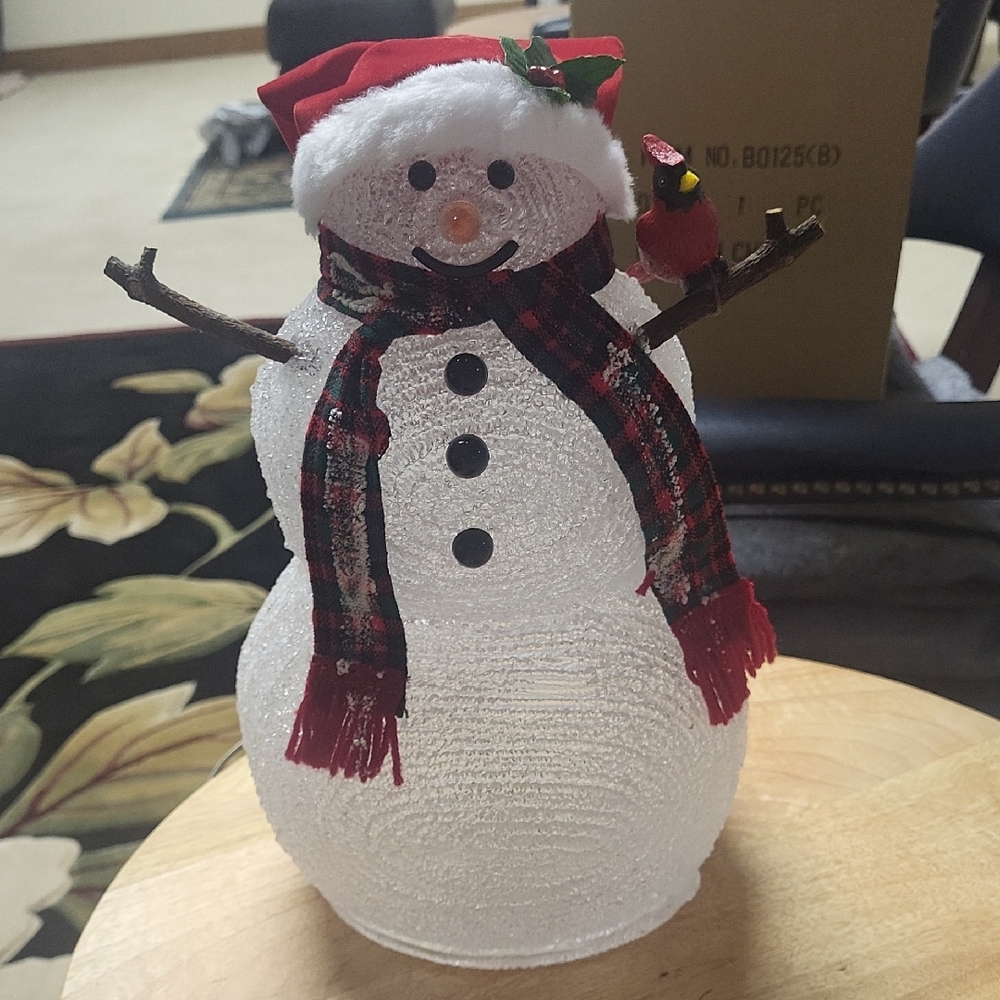 Festive Snowman Holiday Decoration with Red Accents Lights up 13" height NIB